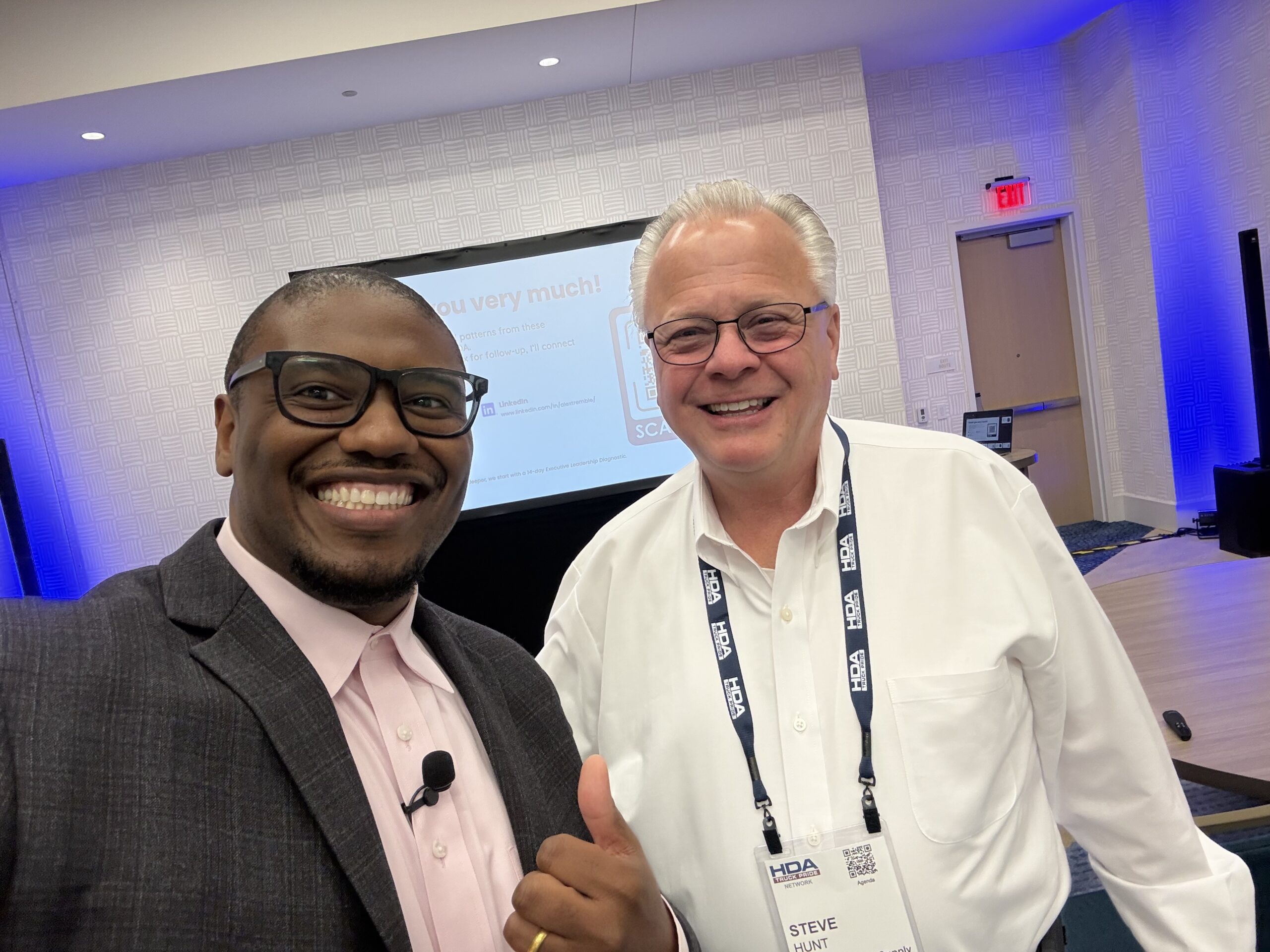 Alex Tremble with Steve Hunt, CEO of H&R Agri-Power, after the HDA Truck Pride session